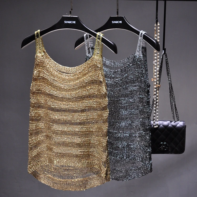 Cakucool Women Gold Lurex Tank Tops Sexy Hollow out Knit Sleeveless Blouse Striped Bohemian Beach Sliver Basic Top Camis Femme
Cakucool Women Gold Lurex Tank Tops Sexy Hollow out Knit Sleeveless Blouse Striped Bohemian Beach Sliver Basic Top Camis Femme