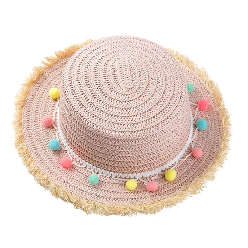 High Quality Girls Summer Straw Hat Wide Brim Tassel Balls Floppy Panama Cap for Beach NCM99