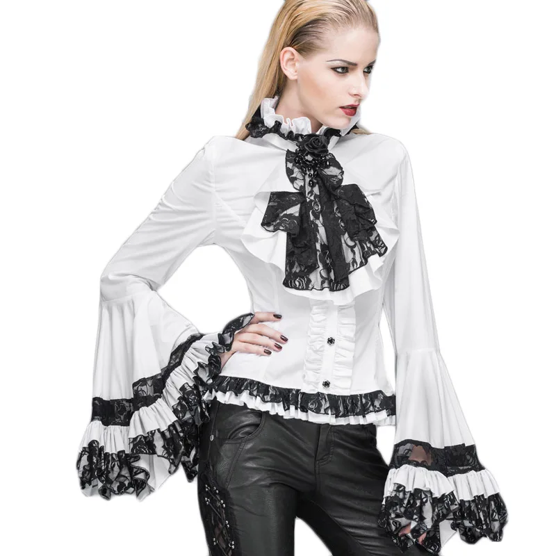 Женская рубашка в стиле стимпанк черная/белая кружевная с рукавом фонариком|lace
