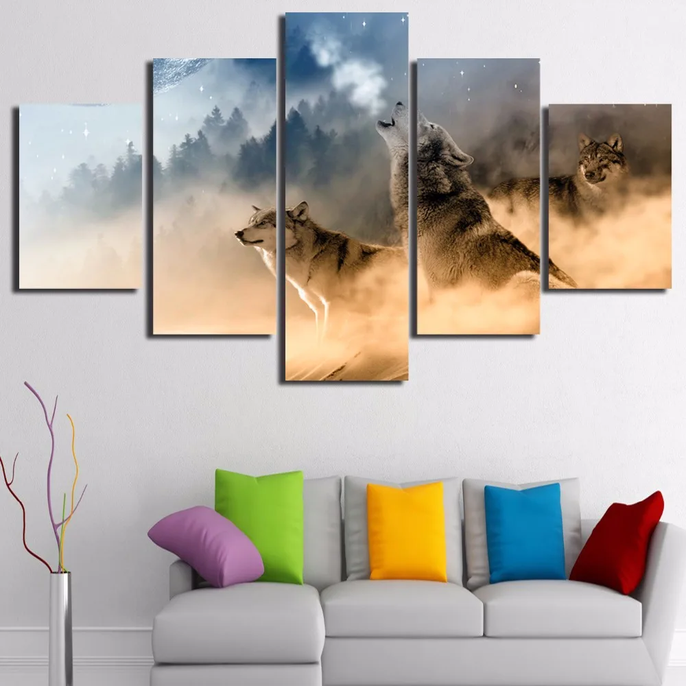 5-Pieces-Winter-Misty-Morning-Forest-Wolfs-Animal-Modern-Home-Wall-Decor-Canvas-Picture-Art-HD (1)