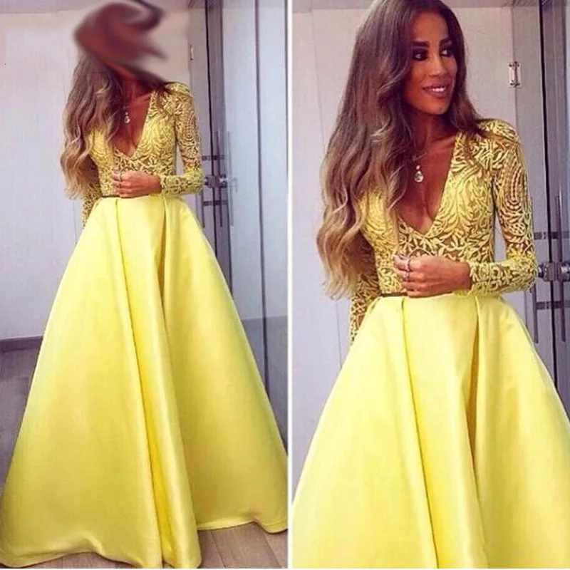 Yellow Sexy V-neck A-line Prom Gown Long Sleeves Prom Dress Lace Party Dresses vestido de festa Chic Wedding Party Dress
Yellow Sexy V-neck A-line Prom Gown Long Sleeves Prom Dress Lace Party Dresses vestido de festa Chic Wedding Party Dress