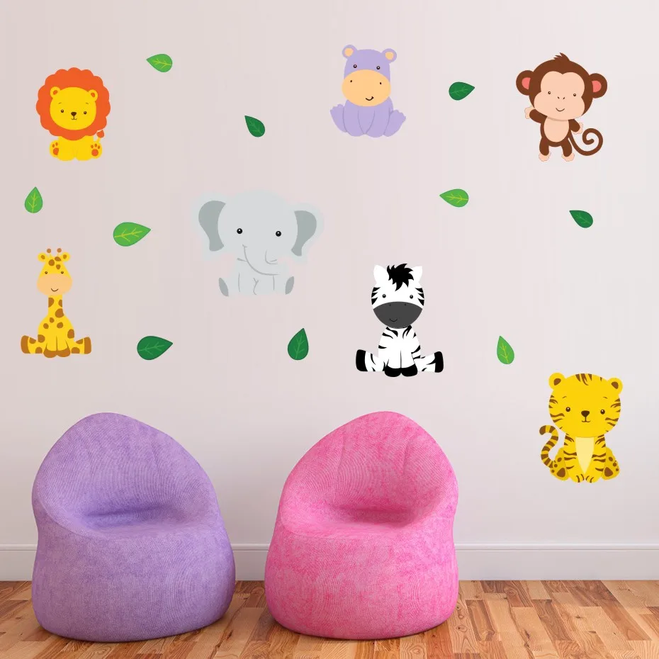 Jungle Animals With Leaves Decals Vinyl Sticker For Kids Nursery Bedroom Removable Wallpaper Home Decor Modern Wall Art Murals (2)