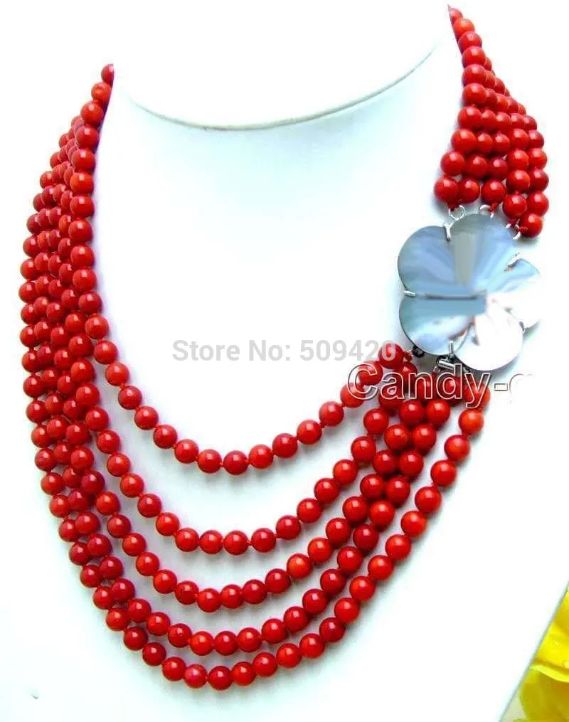 W&O655 SALE Red 6-7mm Round natural coral 5 Strands necklace & Big Shell Clasp 
W&O655 SALE Red 6-7mm Round natural coral 5 Strands necklace & Big Shell Clasp