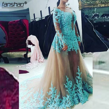 Blue Muslim Evening Dresses Mermaid Detachable Train V-Neck Tulle Appliques Beads Illusion Islamic Dubai Saudi Arabic Prom Dress
Blue Muslim Evening Dresses Mermaid Detachable Train V-Neck Tulle Appliques Beads Illusion Islamic Dubai Saudi Arabic Prom Dress