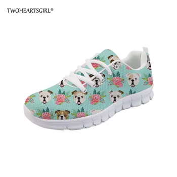 

Twoheartsgirl English Bulldog Print Vulcanize Shoes for Women Breathable Female Flat Walking Shoes Floral Ladies Mesh Sneakers