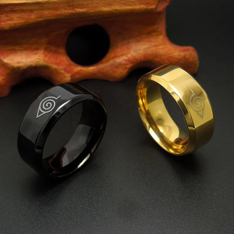 Мужские и женские черные кольца Наруто 8 мм с начесом Коноха для мужчин женщин