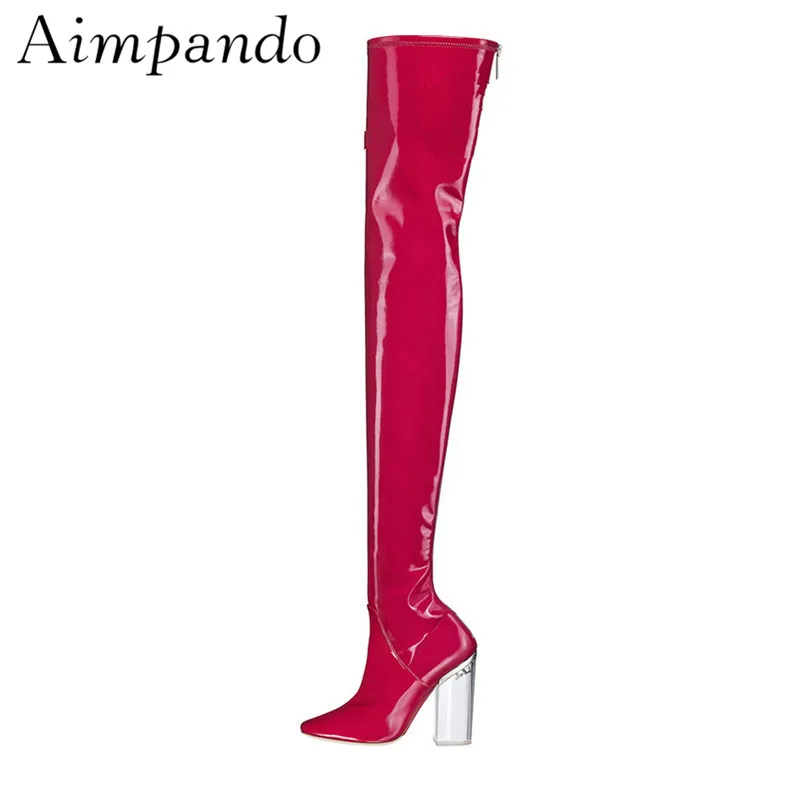 Shiny Mirror Leather High Booties Clear Crystal Chunky Heel Over The Knee Boots Back Zip Jelly Color Thigh High Boots
Shiny Mirror Leather High Booties Clear Crystal Chunky Heel Over The Knee Boots Back Zip Jelly Color Thigh High Boots
