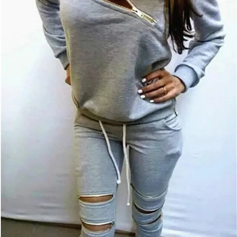 Hoodies Sweatpants Womens Sets Casual 2 Pieces Womens Clothing Spring Tracksuits Sportswear Female Zipper Hole Set