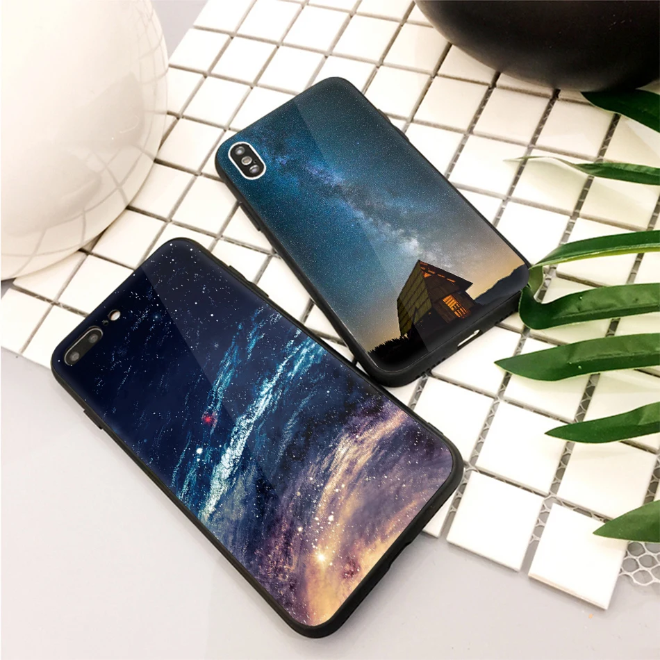 TOMKAS Star Sky Pattern Glass Case For iPhone X 7 8 6 6 s Cover Phone Cases For iPhone 7 8 6 6s Plus X Case Silione TPU PC Coque (19)