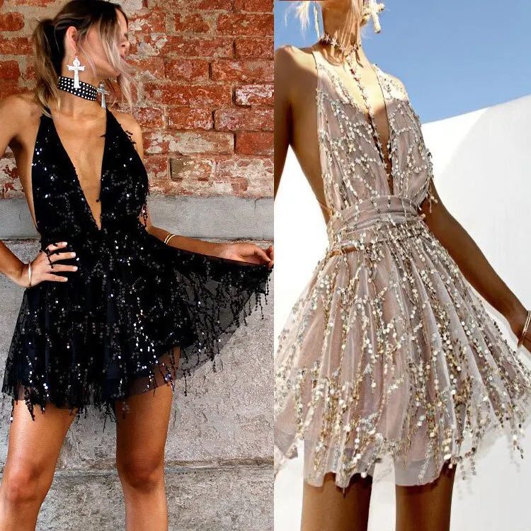 Fashion Women's Sling Nightclub Sequins Deep V-neck Straps Backless Big Swing Dress Sleeveless Halter Sequin Dress
Fashion Women's Sling Nightclub Sequins Deep V-neck Straps Backless Big Swing Dress Sleeveless Halter Sequin Dress