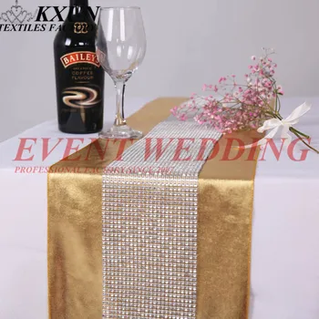 

One Set Bronzing Metallic Table Runner With Diamond Mesh Rhinestone Table Runners For Wedding Event Tablecloth Decoration