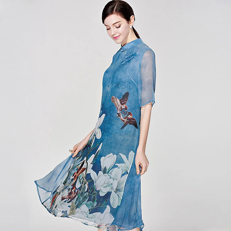100% Silk Dress Women Chinese Style Stand Neck Pankou Decoration Half Sleeves sides Patchwork New Fashion Style Spring 2018
100% Silk Dress Women Chinese Style Stand Neck Pankou Decoration Half Sleeves sides Patchwork New Fashion Style Spring 2018