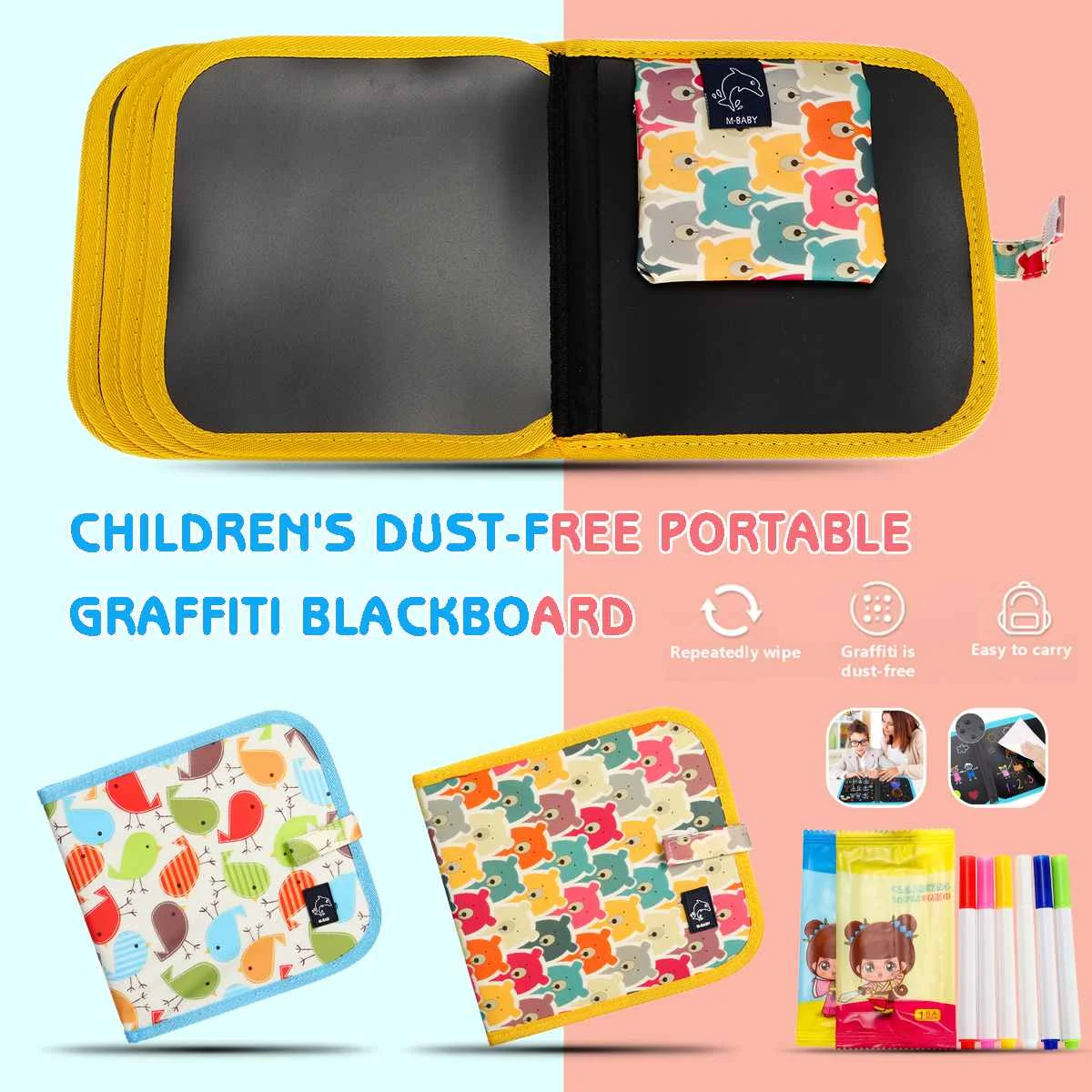 KICUTE Portable Children's Sketchpad DIY Drawing Toys Writing Blackboard Painting book With 6 Watercolor Chalks Dust-free
KICUTE Portable Children's Sketchpad DIY Drawing Toys Writing Blackboard Painting book With 6 Watercolor Chalks Dust-free