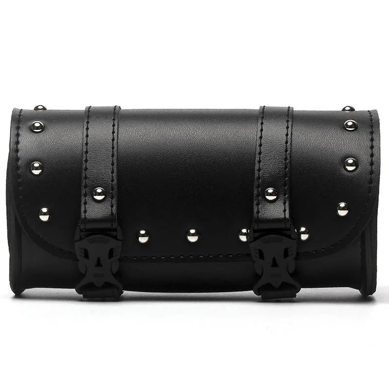 Motorcycle Black Front Side PU Leather Luggage Saddlebag Roll Barrel Tool Bag Pouch Plastic Buckles Universal For Harley