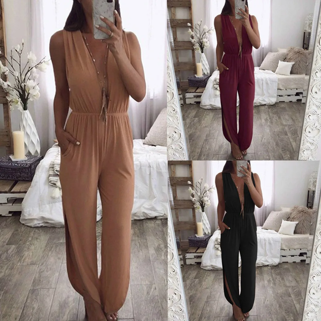 2019 summer jumpsuit elegant jumpsuits women xxxl Women Casual Deep V-Neck Solid Bandage Split Hem Romper Sleeveless Jumpsuits
2019 summer jumpsuit elegant jumpsuits women xxxl Women Casual Deep V-Neck Solid Bandage Split Hem Romper Sleeveless Jumpsuits