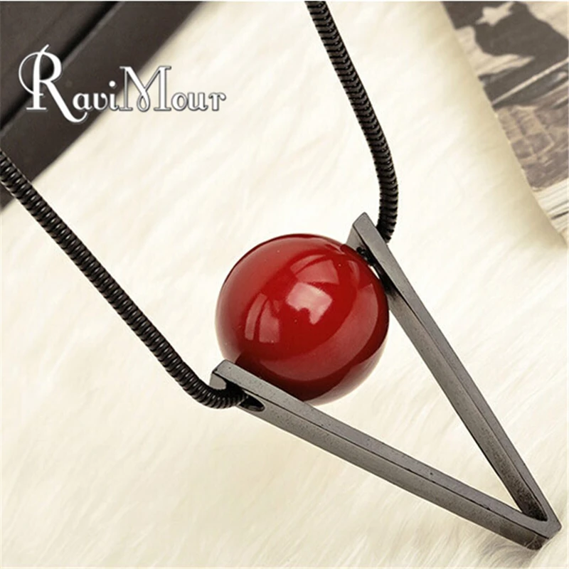 

RAVIMOUR Fashion Women's Long Necklace Steampunk Red Ball Triangle Maxi Necklaces & Pendants Collares Jewelry 2017
