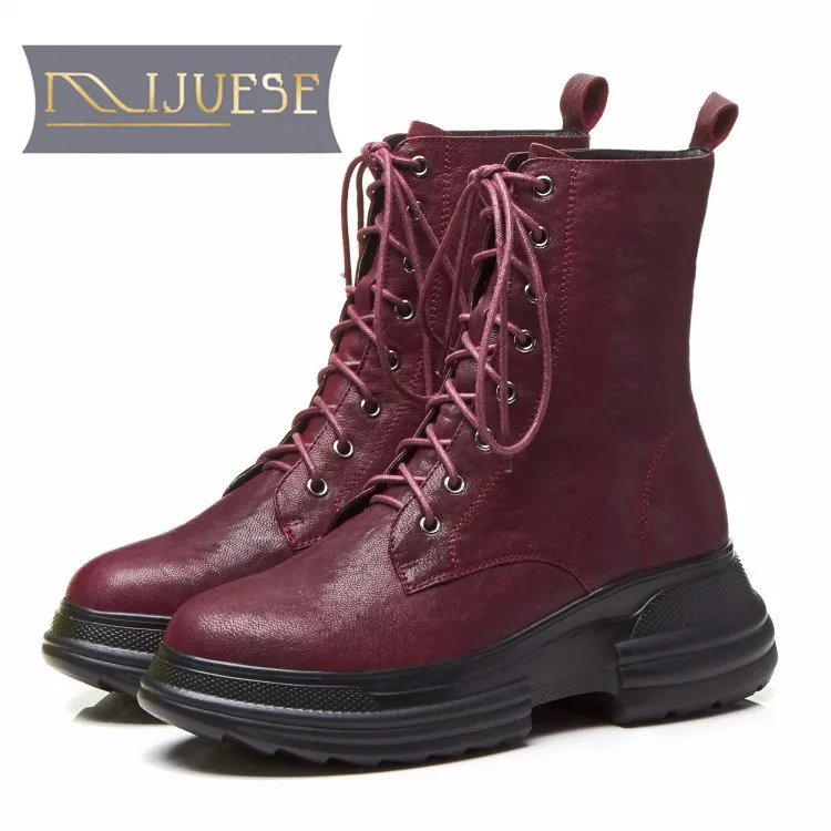 MLJUESE 2019 women ankle boots cow leather lace up wine red British style winter short plush platform flat women boots
MLJUESE 2019 women ankle boots cow leather lace up wine red British style winter short plush platform flat women boots