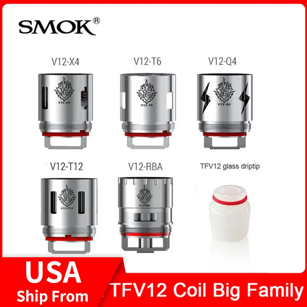 

Original SMOK TFV12 X4/ T6 / T12 / RBA-T Coil / V12 glass drip tip for smok V12 tank Sub ohm Electronic Cigarette vape