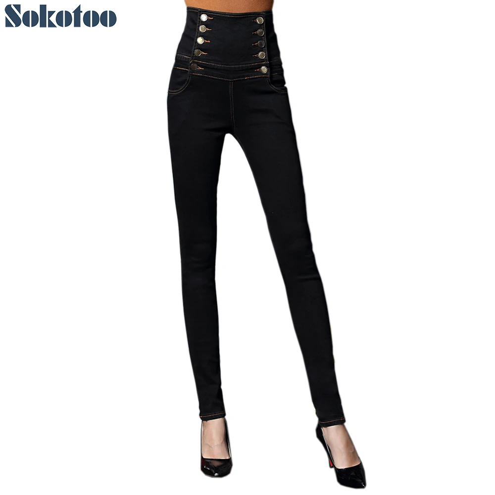 Sokotoo Women's ultra high waist lace up denim skinny jeans Plus size buttons black blue sailor pencil pants
Sokotoo Women's ultra high waist lace up denim skinny jeans Plus size buttons black blue sailor pencil pants