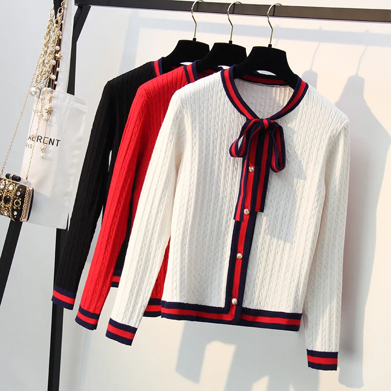 Woman Thick Winter Autumn Knitted Cardigan Elegant Pearl Button Sweater Ol Style Bow Tie Jacket Stripe O Neck Long Sleeve
Woman Thick Winter Autumn Knitted Cardigan Elegant Pearl Button Sweater Ol Style Bow Tie Jacket Stripe O Neck Long Sleeve