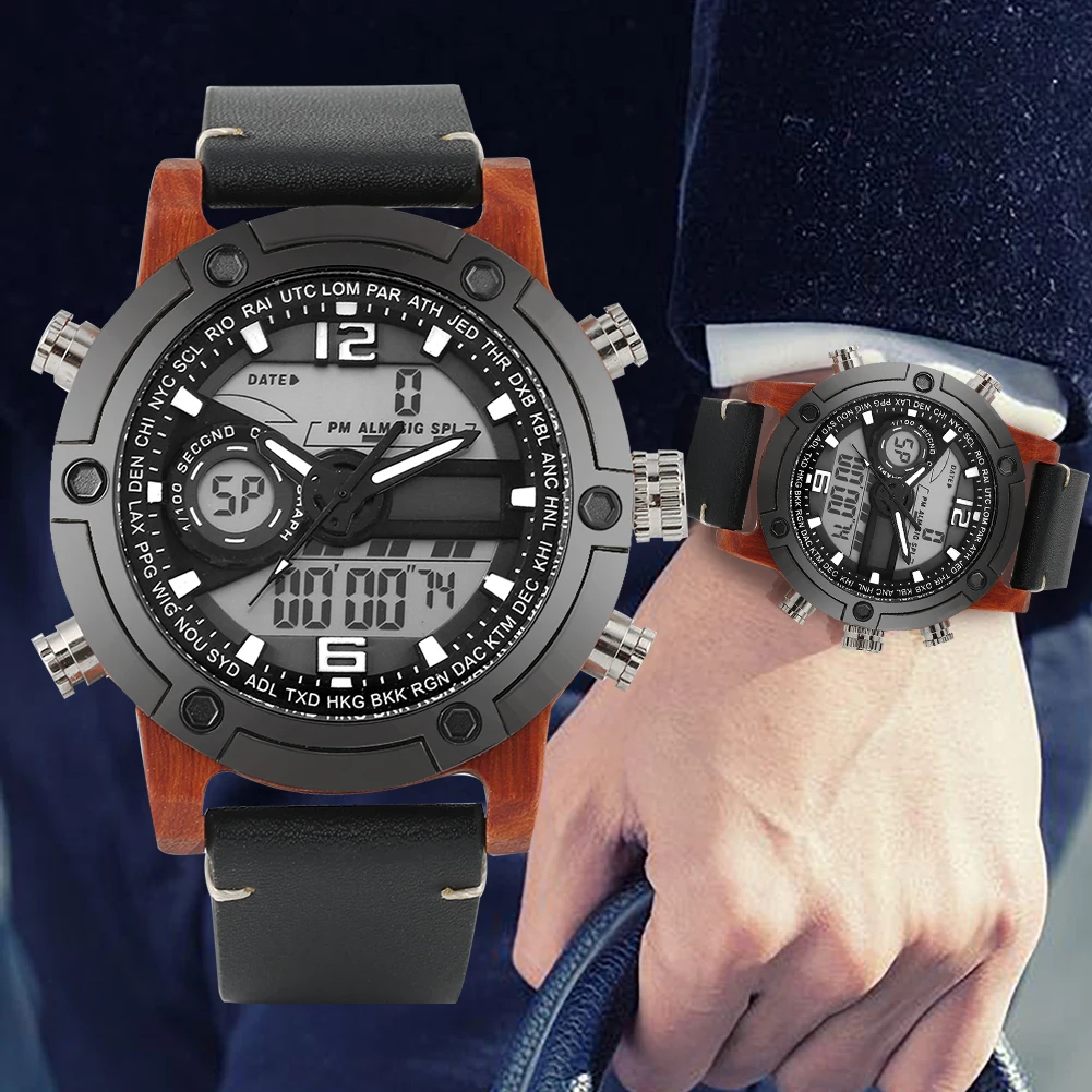 Wooden Men's Watch Quartz Wristwatch Creative LED Display Steel Dial Male Wood Watches Genuine Leather Watchband Cool Mens Clock
Wooden Men's Watch Quartz Wristwatch Creative LED Display Steel Dial Male Wood Watches Genuine Leather Watchband Cool Mens Clock