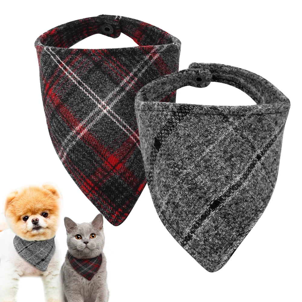 British Plaid Bandana-Style Dog Collar & Tag Engraved Pet Neckerchief Adjustable