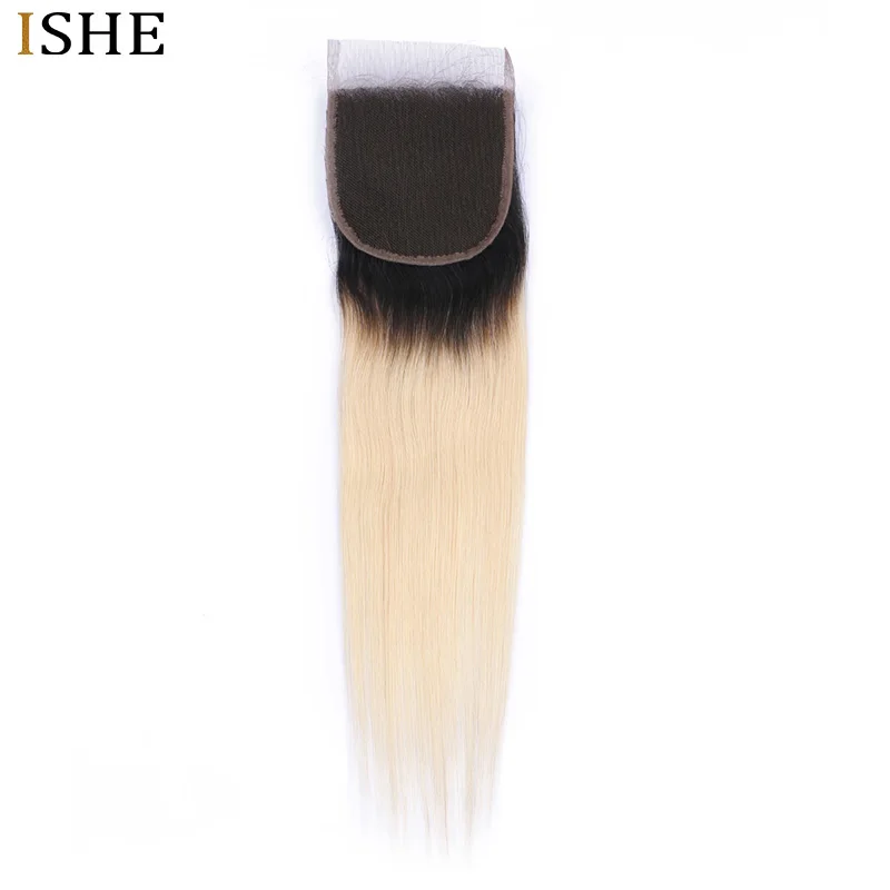 ISHE Ombre светлые прямые волосы швейцарское кружево 4*4 Кружева закрытия с детскими