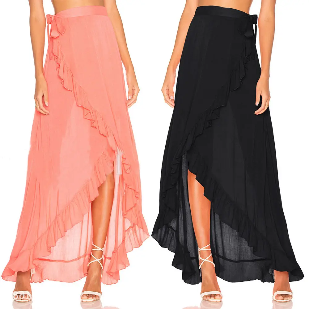 

New Fashion Women Chiffon High Waist Ruffle Asymmetrical Hem Summer Boho Beach Wrap Maxi Split Skirt Lace-up Long Swimwear Skirt