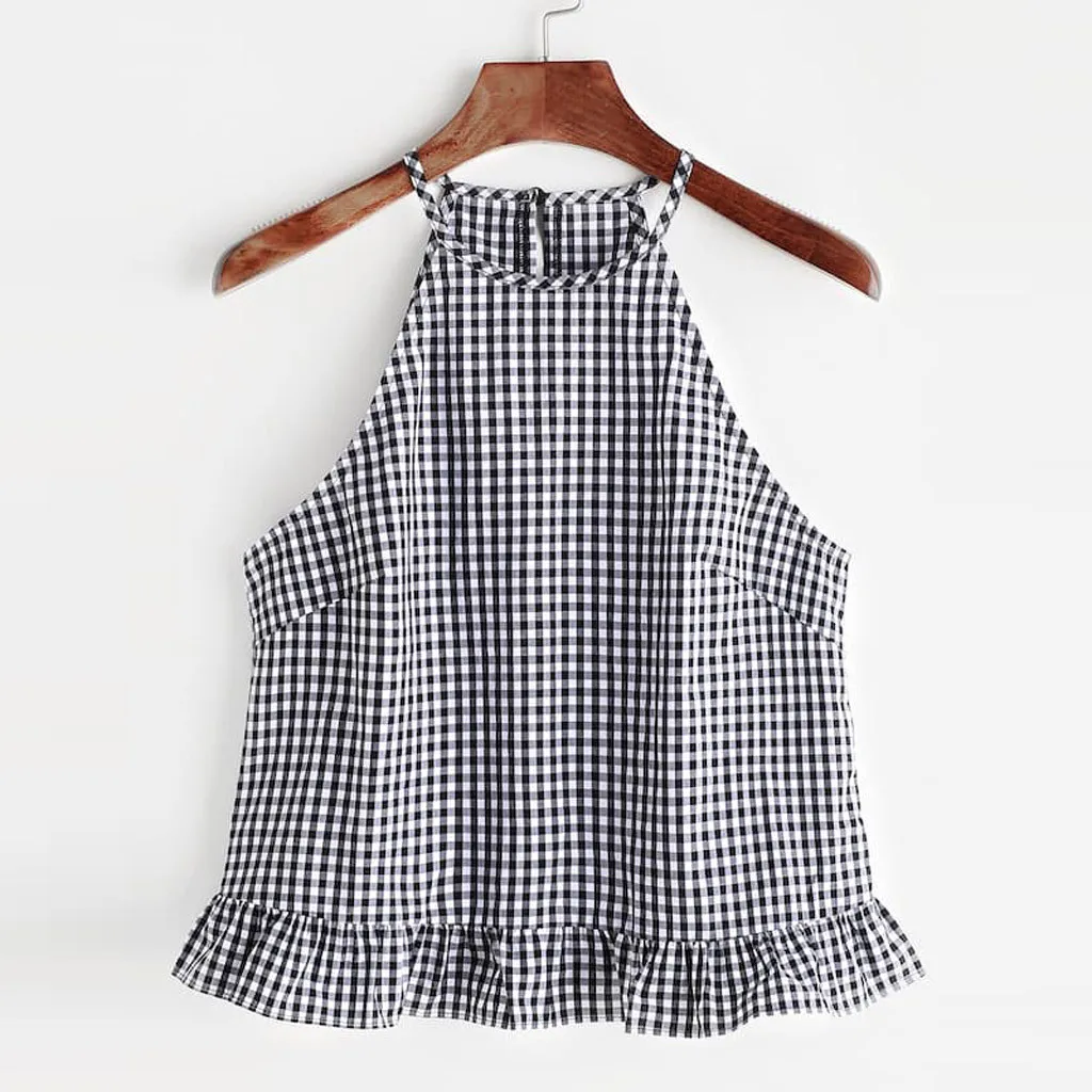 

Women Fashion Sleeveless Shirt Gingham Button Keyhole Back Frill Halter Tank Tops ladies crop top mujer summer tops for Women