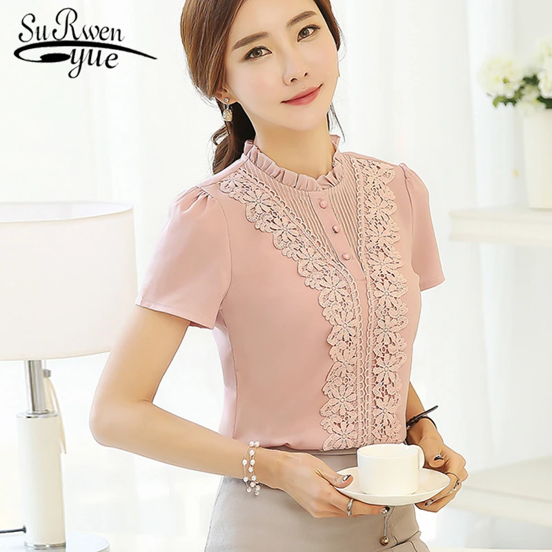 2019 Fashion sweet women's clothing Short Sleeve pink chiffon Women shirts Blouses sweet ruffled neck women's tops blusas 37F 30 
2019 Fashion sweet women's clothing Short Sleeve pink chiffon Women shirts Blouses sweet ruffled neck women's tops blusas 37F 30