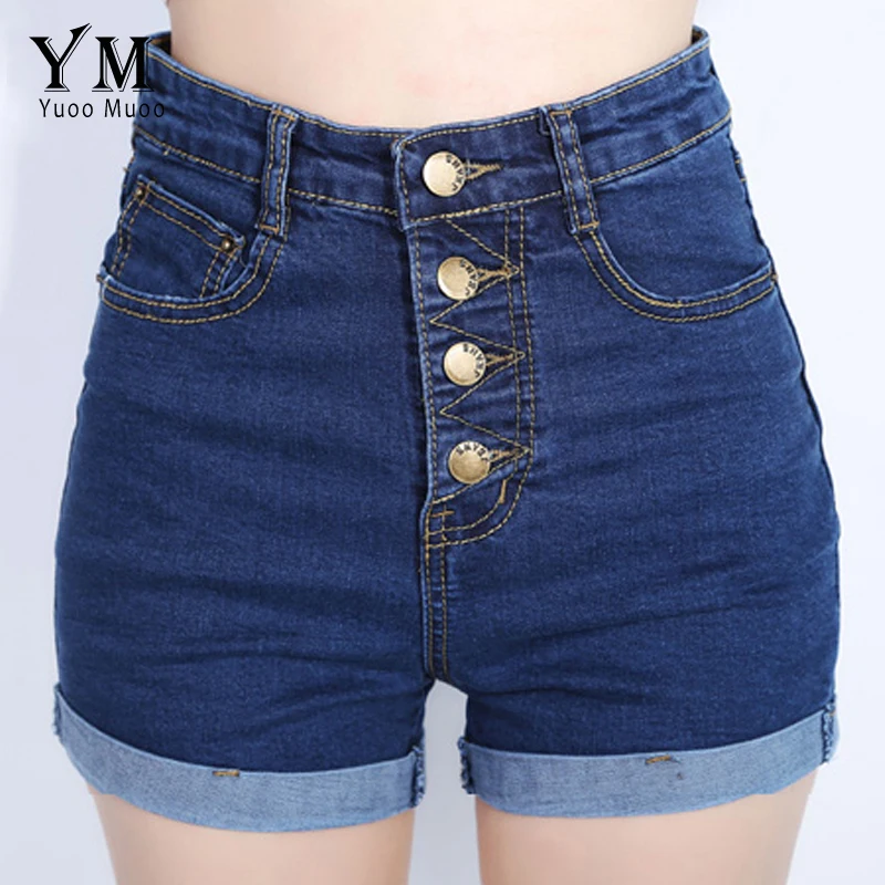 Image 2015 Fashion 4 Buttons Retro Elastic High Waist Shorts Feminino Denim Shorts for Women Loose Plus Size Blue Jeans Shorts Hot