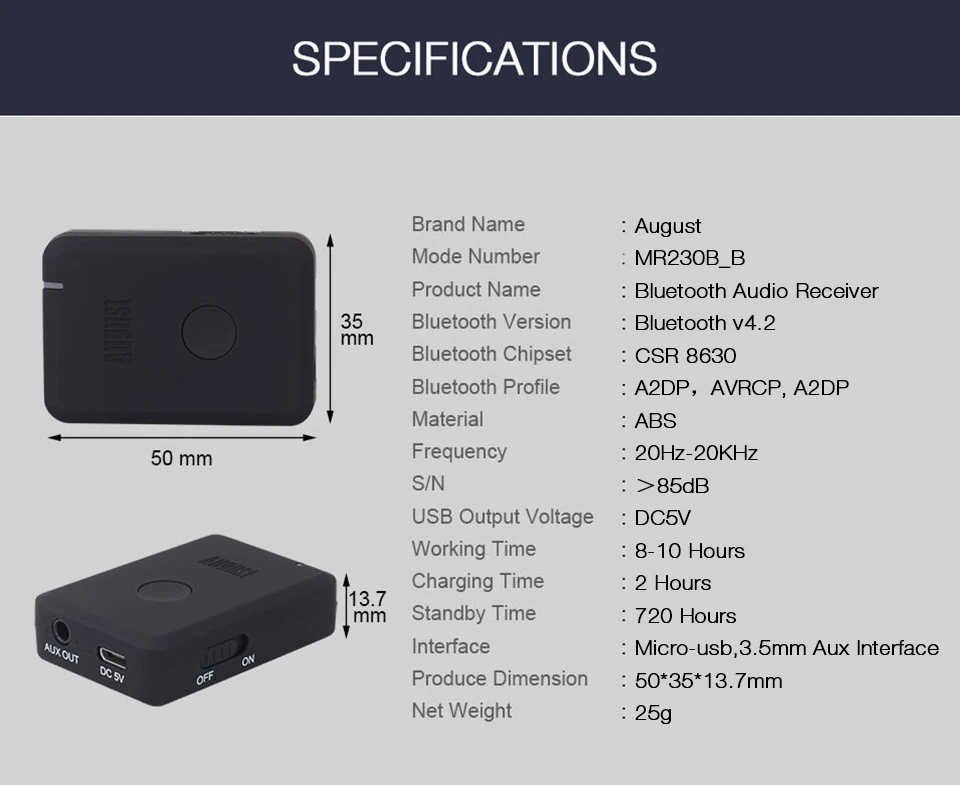 August MR230B_B Bluetooh 4.1 Audio Receiver