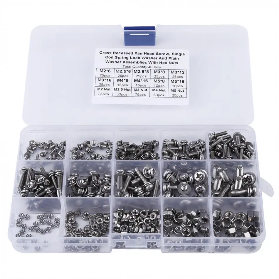 400pcs M2 M2.5 M3 M4 M5 Cross Pan Head Screws Nuts And Washer Kit Woodworking Screw Fastener Assortment Kit
400pcs M2 M2.5 M3 M4 M5 Cross Pan Head Screws Nuts And Washer Kit Woodworking Screw Fastener Assortment Kit