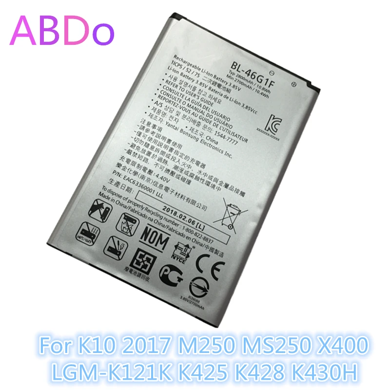 BL-46G1F Phone Battery For LG K10 2017 M250 MS250 X400 LGM-K121K K425 K428 K430H 2800mAh Replacement Batteries AAA Quality
BL-46G1F Phone Battery For LG K10 2017 M250 MS250 X400 LGM-K121K K425 K428 K430H 2800mAh Replacement Batteries AAA Quality