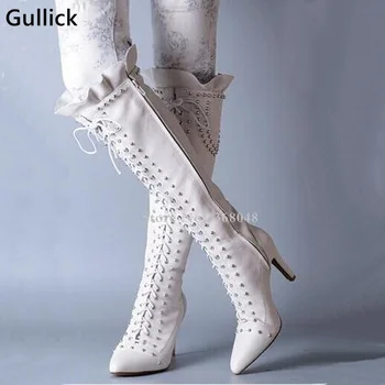 

2018 Newest Designed Elegant Red Black White Pointed Toe Over The Knee Boots Sexy Cross-tied Rivets Thigh Boots For Women