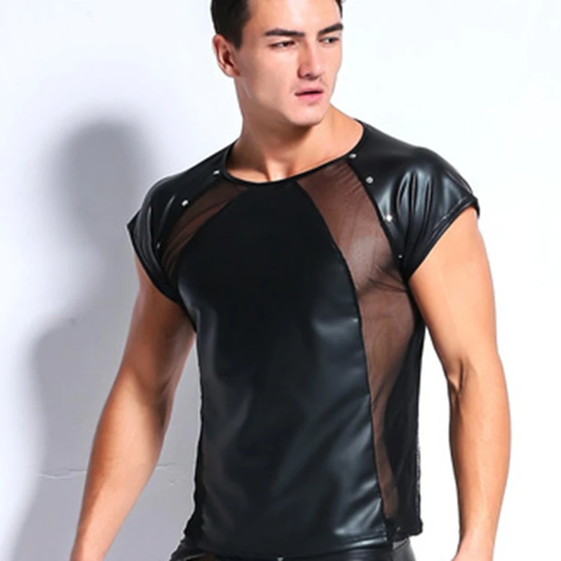 T shirts Men Sexy Mesh Rivet faux leather Vest Lingerie Club Wear Costume Gay Underwear Black Wet Look Fetish Dance Tops Tee
T shirts Men Sexy Mesh Rivet faux leather Vest Lingerie Club Wear Costume Gay Underwear Black Wet Look Fetish Dance Tops Tee