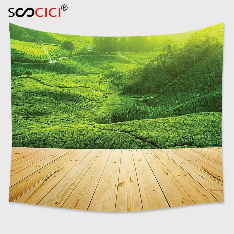 

Cutom Tapestry Wall Hanging,Farm House Decor Collection Highlands Tea Plantations from Wood Balcony Perspective Sunrise in Eary