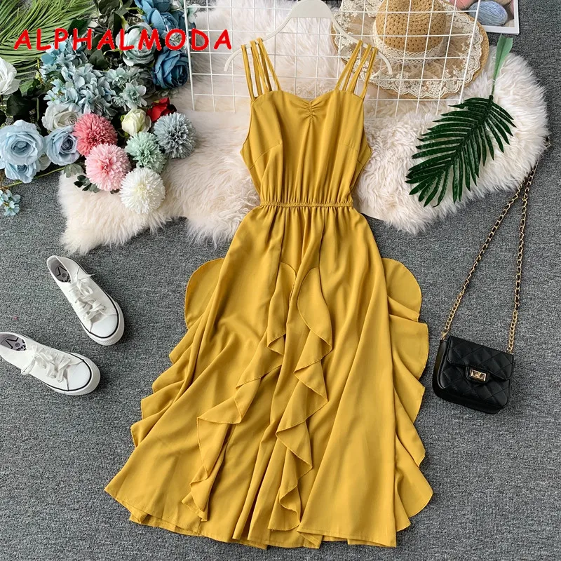 

ALPHALMODA 2019 New Solid Seaside Resort Beach Dress Slim Waist Ruffled Strip Large Pendulum Mid-calf Women Holiday Vestidos