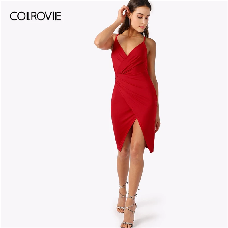 

COLROVIE Solid Plunge Back Surplice Ruched Bodycon Cami Dress Women 2019 Sexy Summer Deep V Neck Slim Slip Midi Party Dresses