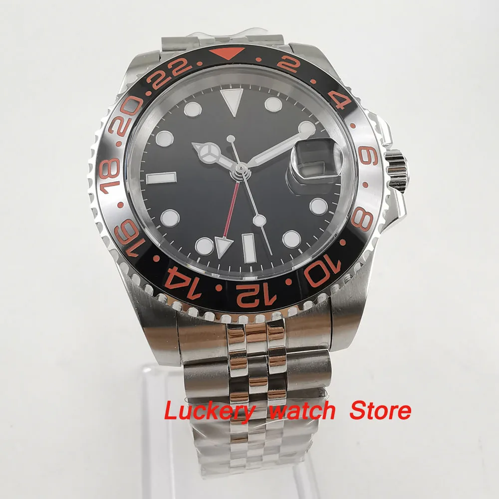 

40mm Parnis Black Ceramic Bezel black dial red GMT luminous marks sapphire glass automatic Mens Watch-PA77