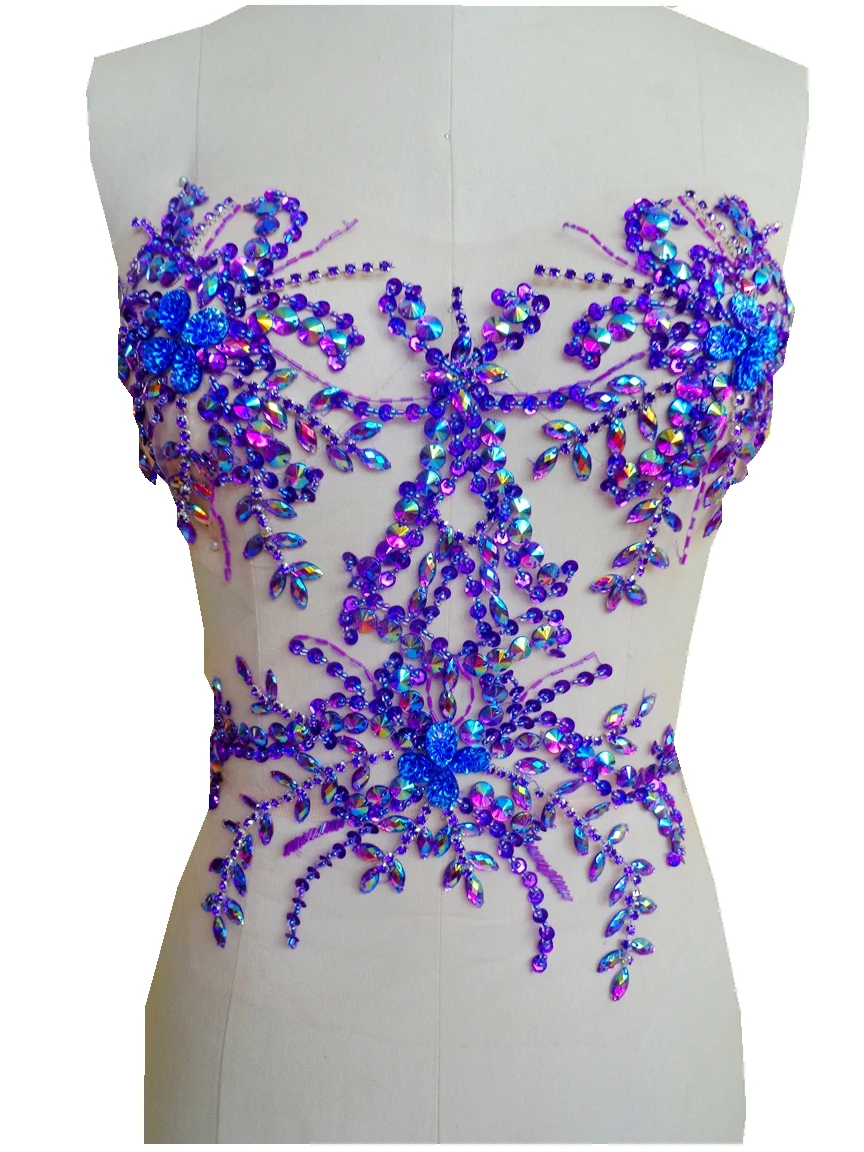 

A58 Handmade purple crystal patches sew on trim Rhinestones applique with stones sequins beads 34*34cm for dress