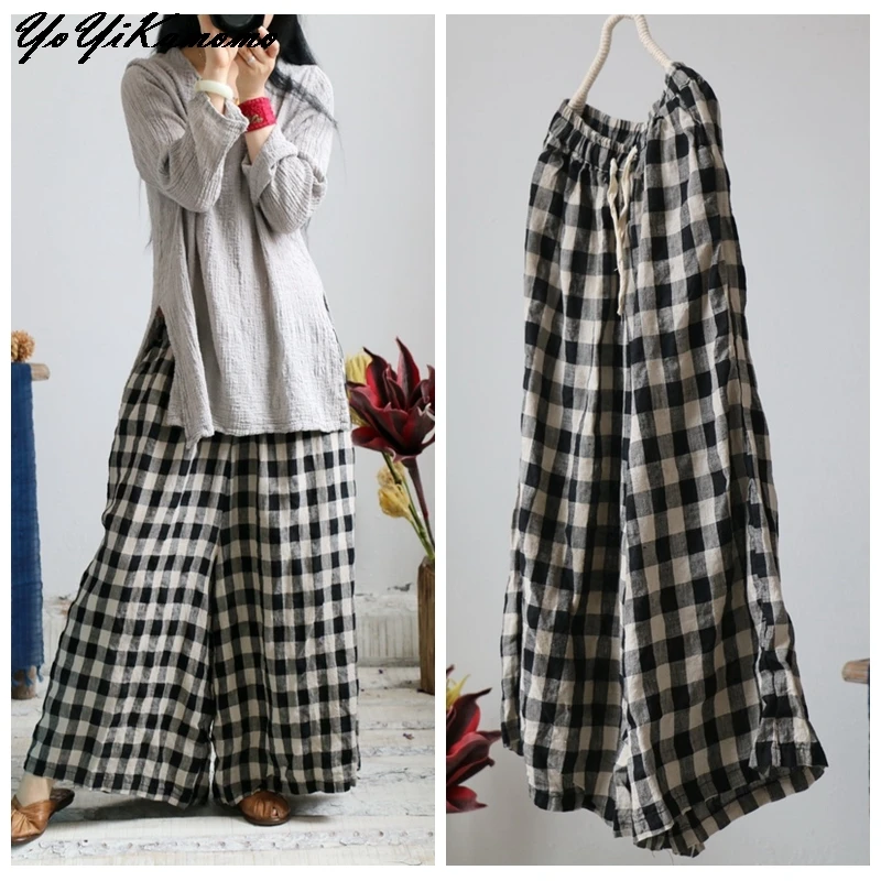 Women Plaid Big Size Cotton Linen Women Pants 2018 New Autumn Spring Original Wide-legged Pants Loose Elastic Waist Pants
Women Plaid Big Size Cotton Linen Women Pants 2018 New Autumn Spring Original Wide-legged Pants Loose Elastic Waist Pants