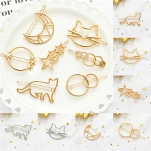Lindo broche de Metal para el pelo para chica mujer moda gato y Luna y Círculo y forma geométrica accesorios para el cabello pasador chicas titular(China)