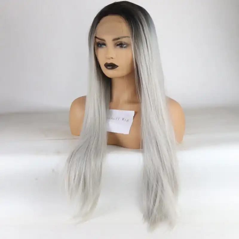 Bombshell Black Roots Ombre Silver Grey Long Straight Hair