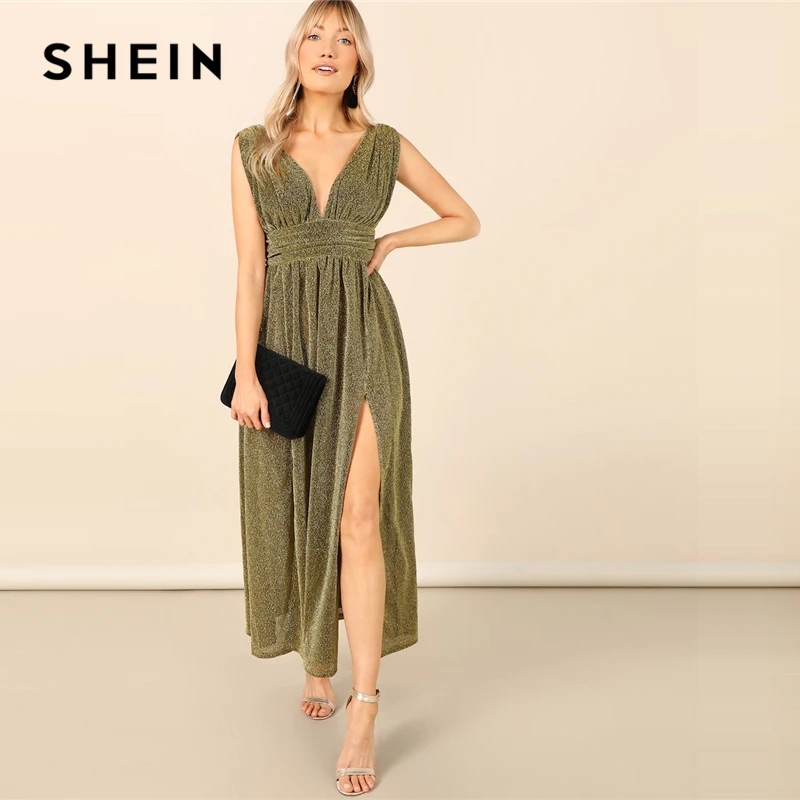 SHEIN Glamorous Gold Plunging Neck Glitter Split Maxi Dress 2019 Spring Sleeveless High Waist Elegant Deep V Neck Dresses
SHEIN Glamorous Gold Plunging Neck Glitter Split Maxi Dress 2019 Spring Sleeveless High Waist Elegant Deep V Neck Dresses