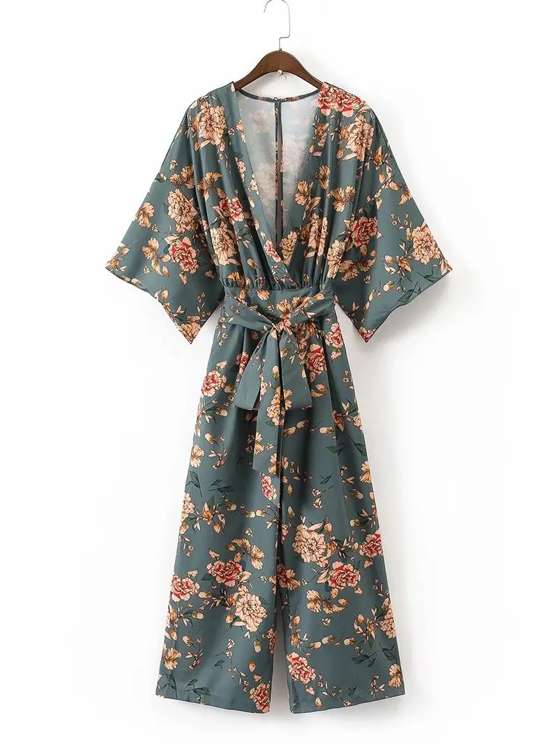 Vintage floral V neck jumpsuits loose pants Belt backs pleated fashionable overalls summer casual Overalls
Vintage floral V neck jumpsuits loose pants Belt backs pleated fashionable overalls summer casual Overalls