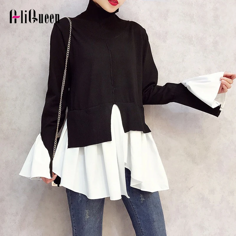 2019 Keroan Autumn Patchwork Pullovers Knitted Top Women Sweater Asymmetric Hem Turtleneck Flare Sleeve Female Jumper Sweaters | Женская