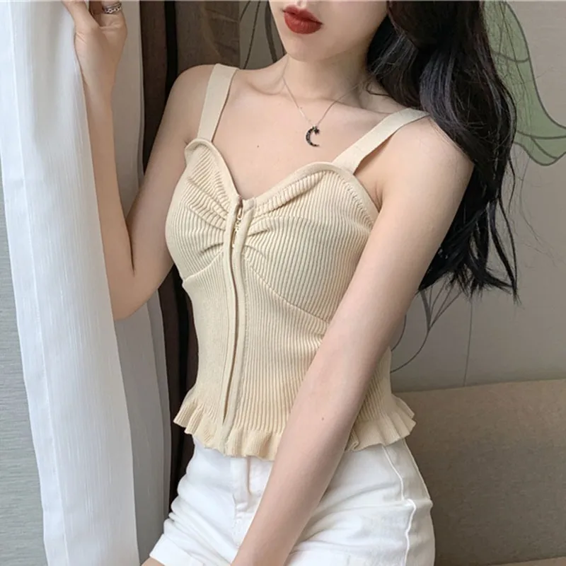 Summer Fashion Women Solid Knitted Tank Tops Sleeveless Ruffles Top Women Zippered Slim Casual Bottoming Shirt Tank Tops 2019
Summer Fashion Women Solid Knitted Tank Tops Sleeveless Ruffles Top Women Zippered Slim Casual Bottoming Shirt Tank Tops 2019