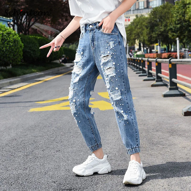Schinteon Size 38 40 Denim Harem Pants Rippped Hole Elastic Waist Ankle-Length Loose Trousers High Beading Streetwear | Женская одежда