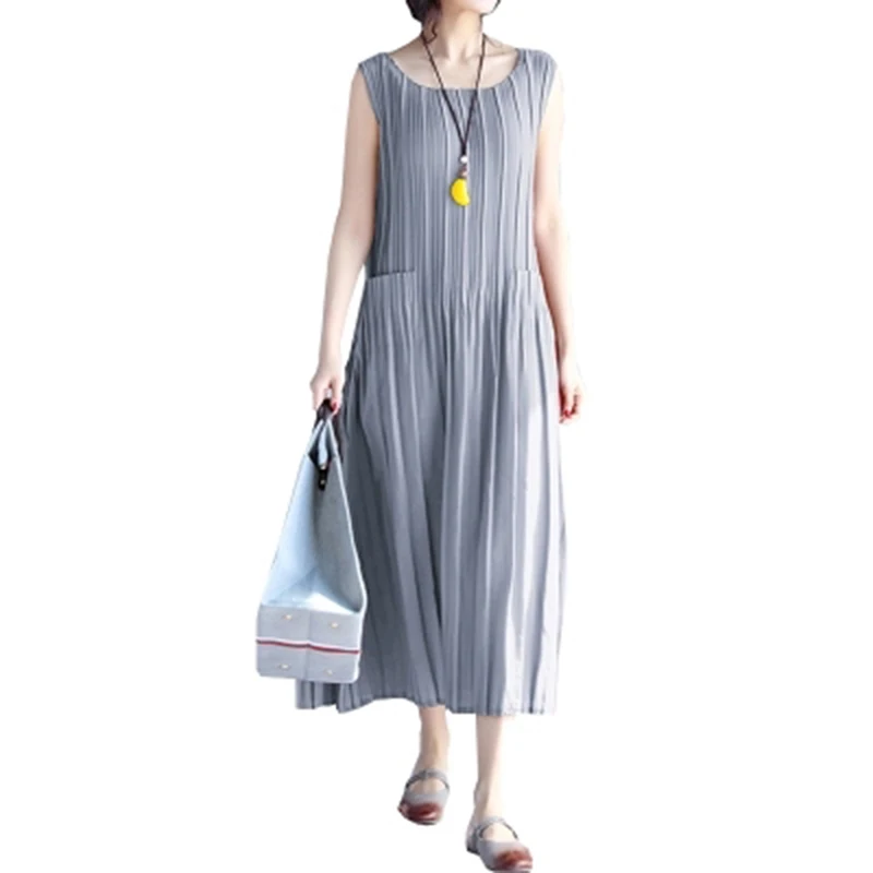 Фото 2018 Summer New Style Women Sleeveless Pleated Party Beach Baggy Solid Color Long Dress Female O-Neck Chiffon Dresses F54 | Женская